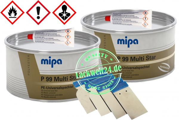 2 Dosen MIPA P99 - Füll-Spachtel, Multispachtel, inkl. Härter, je 2kg + 4 Japanspachtel Metall